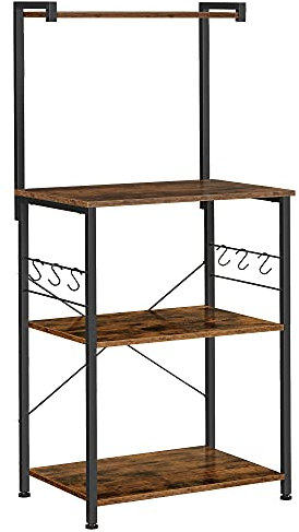 VASAGLE Küchenaufbewahrung, Bäckerregal, Kaffeebar, 3-stöckiges Regal, 6 S-Haken, für Mikrowelle, Gewürzgläser, Töpfe und Pfannen, industriell, rustikal, Braun und Schwarz UKKS023B01