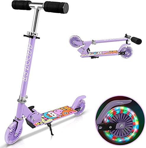 Yuanj Scooter Roller Kinder 6 Jahre, Höhenverstellbarer Scooter Kinder mit LED PU Räder, Kinder Roller für Mädchen ab 3-8 Jahre Tretroller Kinder- Lila