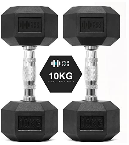 You vs You Hex Dumbbells Weights Pair for Home Exercise | 10kg Set of 2 Hexagonal Weight Rubber Encased for Home Fitness Gym Workouts Training Muscle Building & Conditioning | Unisex | Strength Fit