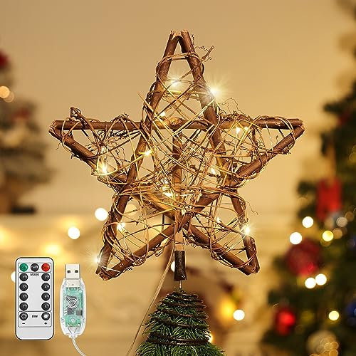 Lewondr Star Christmas Tree Topper, Vintage Rattan String Wood Christmas Tree Star Topper Light with LED Beads, Battery Operated Lighted Christmas Tree Topper for Xmas Tree, Wooden Color