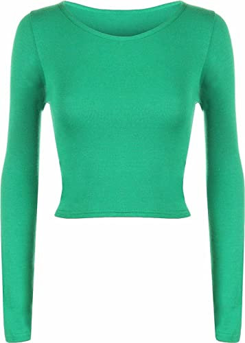 Womens Crop Long Sleeve T Shirt Ladies Short Plain Round Neck Top Green 12-14