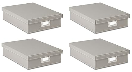 Osco Faux Leather A4 Document Storage Box with Lid, 4 Pack, Stackable Desk Paperwork Organiser for Files and Envelopes, Durable Filing Solution for Home or Office, 8.5×25×33.5 cm, Grey