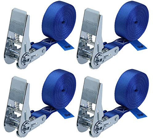 Sangle à cliquet d'arrimage 4 pièces Sangle de Fixation 4 m ou 6 m Bleu, Largeur 25 mm - Charge maximale 800 kg DIN en 12195-2, 4 pièces 2.5 cm x 4 m