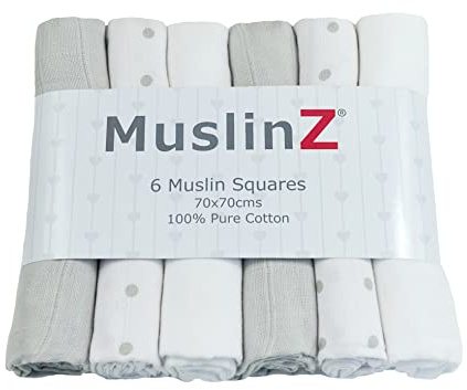 MuslinZ- 6 pack Muslin Squares Baby Burp Cloths 70x70cms Perfect for Newborns, multi-use, Oeko-Tex standard 100, UK brand. (Grey Combo, 6 Pack)