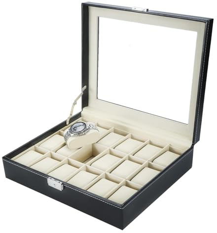 NovelBee 18 Slots Watch Boxes,Watch Display Case for Men Women | 18 Watch Case,Watch Storage,with Removable Cushions,Framed Glass and Secure Lock