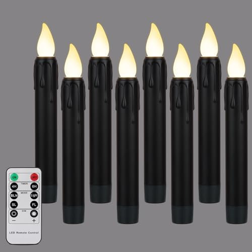 FREEPOWER 8er Schwarz LED Stabkerzen mit Fernbedienung Timer Flackern, Batteriebetrieben Flammenlose Tafelkerzen Warmweiß Dimmbar Halloween Deko, Outdoor Wasserdicht, 2 x 17cm