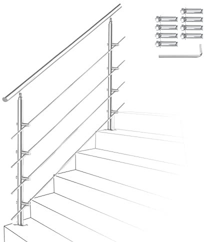 Ikodm Corrimano in acciaio inox, ringhiera per scale, 150 cm, con 4 barre trasversali e accessori, per scale, interni, balcone, ingresso di casa