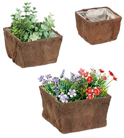 Relaxdays Set de 3 Macetas, Fibra de Coco, Cuadradas, 3 Tamaños, Jardín, Balcón y Alféizar, Maceteros con Forro, Natural, 14,5 x 23,5 x 23,5 cm