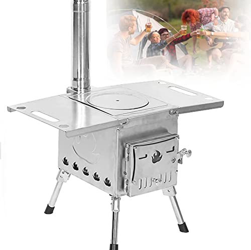 JIADUOFU Outdoor Zeltofen, Tragbarer Zelt Holzofen Mit 3 Schornsteinpfeife Mini Holzofen Campingofen Hobo Kocher Für Camping Grillparty Wandern Reisen Rucksackreisen,Silver-largesize