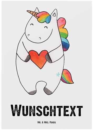 Mr. & Mrs. Panda Personalisierte Postkarte Einhorn Herz - Geschenke, Karte mit Wunschtext, Geschenkkarte Namen, Unicorn, Einhörner, Grußkarte, Lustig, Freundin, Bedrucken