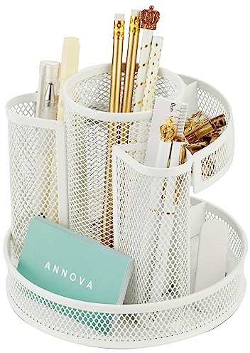 Annova Schreibtisch-Organizer, drehbar, mit 5 Fächern, rund, drehbar, für Süßigkeiten/Stifte, Schreibtisch, Zubehör, Büro, Kunstbedarf, Aufbewahrung, Klassenzimmer, Zuhause (Weiß)