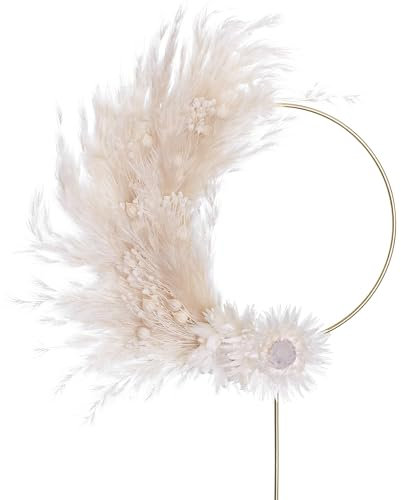 The Baked Studio - Boho Dried Flower Pampas Floral Ring Cake Topper For Cake Decorating For Birthdays Baby Shower Christening & Wedding (White Bleached)