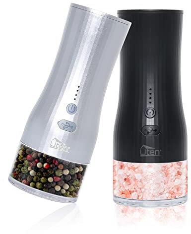 Molinillo Pimienta Electrico, Uten 150ml Molinillo Electrico Sal y Pimienta, 2 Piezas Recargable Molinillo Especias con Luz LED y Función de Grosor Ajustable, Utensilios de Cocina Automáticos