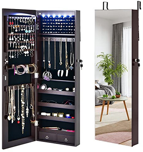 CASART 2 in 1 Jewellery Cabinet, Lockable Jewelry Armoire Organizer with LED Lights & Full Length Mirror, Cosmetic Makeup Cabinet for Living Room Dressing Room (Brown)