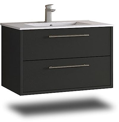 Stil.Zeit Evelia Badmöbel inkl. Waschbecken | Waschtisch mit Unterschrank 80.5 cm | Anthrazit/Anthrazit | Metallgriffe/hängend