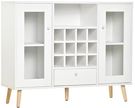 HOMCOM Credenza Moderna da Cucina con Cantinetta Vini 12 Bottiglie, Cassetto e Armadietti in Legno 100x33x80cm Bianco