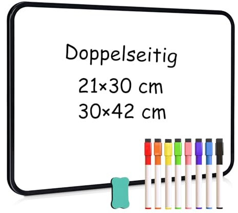 DOLLAR BOSS Doppelseitiges Whiteboard 30 x 42 cm, A4 Magnettafel Magnetwand, Klein Whiteboard Trocken Abwischbar Mini Whiteboard Magnetisch, Tragbares White Board mit 8 Stiften und 1 Radiergummi