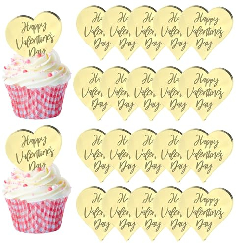URROMA Cupcake-Aufsätze aus Acryl, Happy Valentine's Day, 20 Stück, Herz-Kuchenscheiben, Spiegel-Acryl-Kuchenspieße, gravierte Kuchendekoration, Partyzubehör