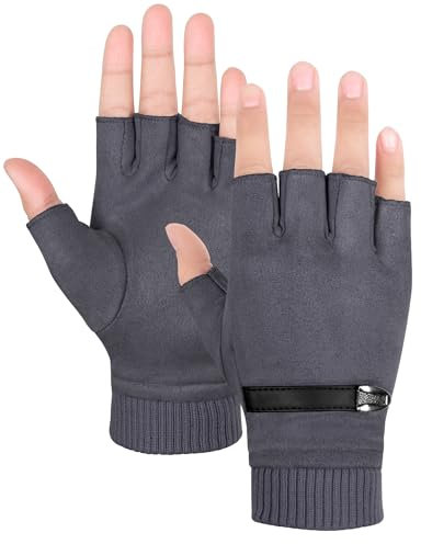Becellen Fingerlose Wildleder Handschuhe, Thermo Halb Handschuhe Touchscreen Winterhandschuhe für Herren Damen