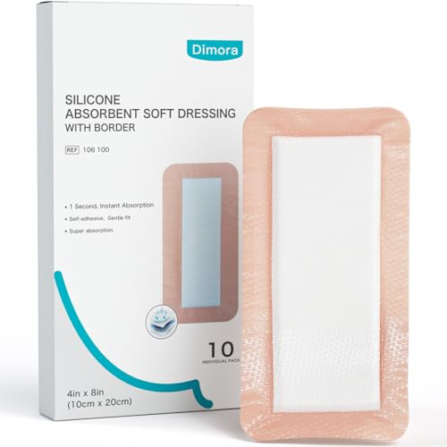 Dimora Silicone Ultra Absorbent Dressing Pads - Adhesive Wound Bandage with Gentle Border, Waterproof Soft Gauze for Post Surgical and Bed Sore Exudate Management 4X 8 10 Count