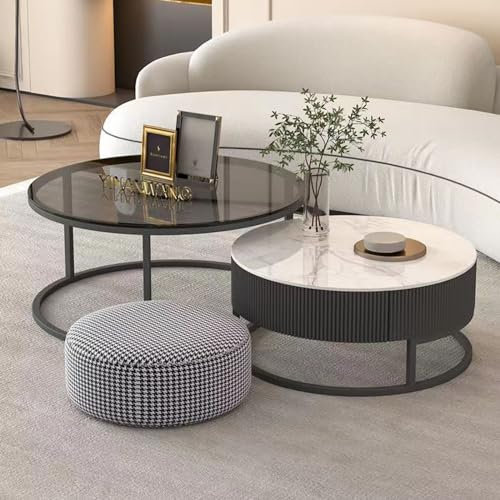 GMBAYUE Juego de 2 Mesas de Centro Nido, Mesa Centro Cristal, Mesas de Centro Redondas Modernas, para Sala de Estar, Balcón, Oficina con Marco de Metal, Fácil Montaje(Black,L)