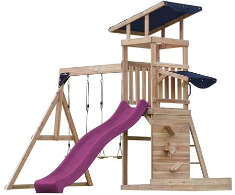 AXI Malik Aire de Jeux en Bois avec 2 Balançoires, Toboggan Violet/Aire de Jeux Extérieur avec Bac à Sable et Mûr de Jeux/Toboggan avec raccordement à Eau | Portique Balançoire/Jeux en Bois Extérieur