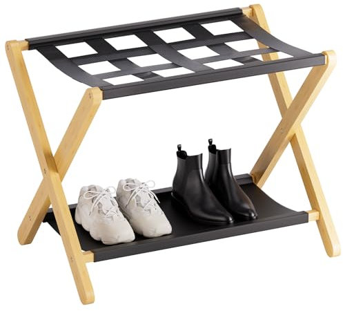 HITNET Gepäckablage, Faltbarer Kofferständer für Gästezimmer, Gepäckablage aus Bambus mit Stoffablage und Nylongurten für Hotels und Schlafzimmer, Natur