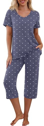 PrinStory Womens Pyjamas Set Short Sleeve T Shirt and Capri Pants Loungewear Sleepwear Pjs Sets with Pockets