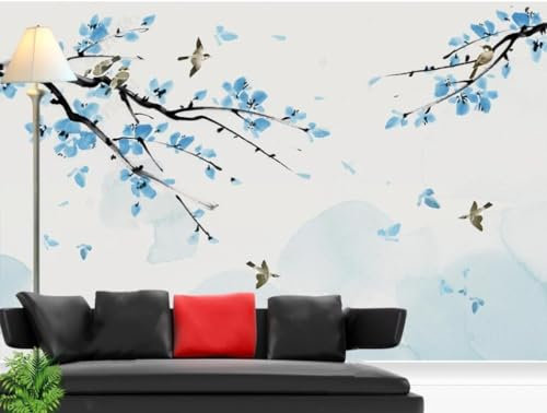 DWwallpaper Papier Peint Panoramique Soie Sur Mesure 3D Motif Chinois Paysage Fond Peint À L'Encre Et Au Lavis De Fleurs De Prunier Bleues 350x250cm, Zen Poster Geant Mural