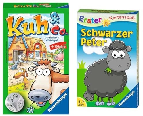 Ravensburger 23160 - Kuh und co, Mitbringspiel für 2-6 Spieler, Kinderspiel ab 4 Jahren, Reisespiel für unterwegs & 20432 - Schwarzer Peter - Schaf, Kartenspiele ab 3 Jahren