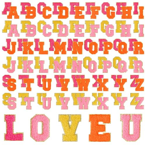 Morcheiong 104Pcs Self Adhesive Chenille Letter Patches Chenille Letters, Letter Patches for Clothing Fabric (Rose Red, Pink, Orange, Yellow)