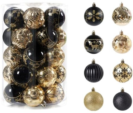 champracer 34 Stück Weihnachtsbälle, 6 cm Weihnachtskugeln, Weihnachtsbaum Dekorationen, Bruchsichere PVC Weihnachtsornamente, Dekoration für Weihnachtsbaum, Hochzeit, Party (Schwarz Gold,6 cm)