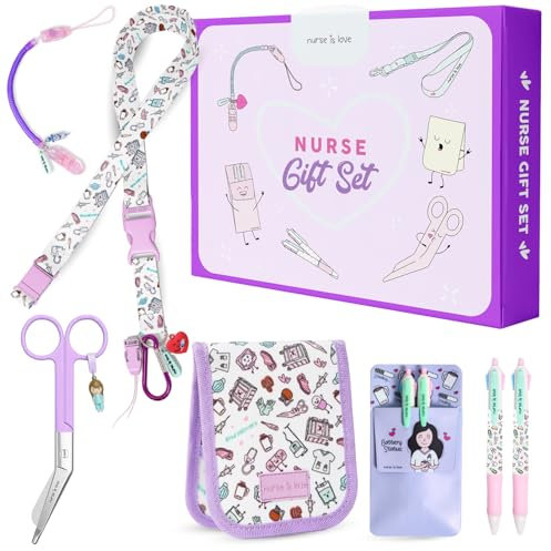 Nurse Is Love Regali Personalizzati Set 5 Pz. | Porta Badge da Collo + Forbici Infermiere + Tasca Infermieri Organizer + Porta Penne da Tasca con 2 Penne Personalizzate + Porta Forbici Retrattile