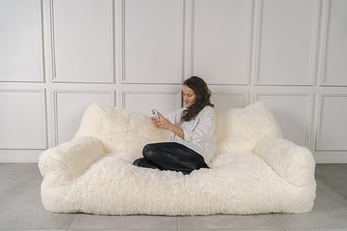 Privee Home Sofa Jelly Bear/White – Soft Plush Compressed Sofa with Faux Fur Cover, Comfortable and Durable, 185 cm Wide, 110 cm Deep, 70 cm High – Modern Cozy Seating