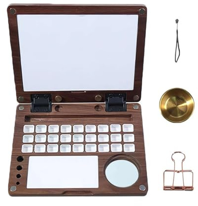 Pocket Artist Wooden Watercolor Palette Box - 27 Wells, Portable Black Walnut Easel with Brush Slot, Holders, Cleaning Cup, Multifunctional Travel Paint Palette for Plein Air Painting