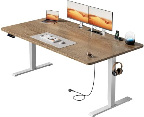HLONONE Höhenverstellbarer Schreibtisch 160×80cm mit USB-Ladeanschluss und Steckdose, Elektrischer Schreibtisch, Verstellbarer Computertisch mit 3-Funktions-Memory, Ahorn