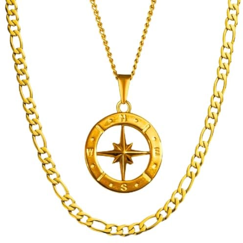 DVRK® Set 2 Goldketten Herren mit Basis aus Edelstahl 316L - Kette Gold 18k Figaro und Goldkette Herren Kompass 25 mm wasser- und schweißbeständig - Ketten 55 cm für Männer
