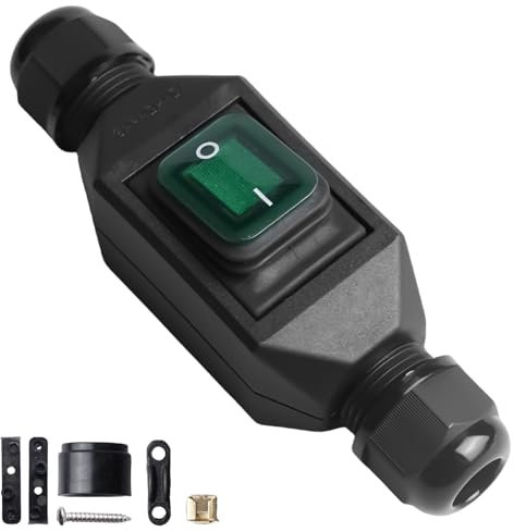 Interrupteur en ligne AC220 V 30 A - Étanche IP66 - Interrupteur à bascule - Interrupteur à bascule - Interrupteur à bouton poussoir - Interrupteur de machine - Entrée et sortie des deux côtés - Vert