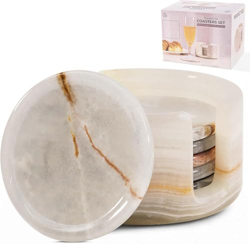 SPESHSTONES Set mit 6 runden Untersetzern 8,9 cm, aus Marmor und weißem Onyx inklusive Halterung, ideal für Cafés, Bars, als Geschenk, für Esstische und als Dekoration für Zuhause