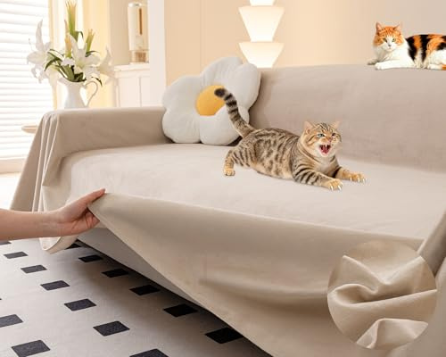 Loiion Kratzschutz Sofa Katze, Weich Couch Katzenschutz, Khaki, 340x180cm | Sofa Überzug 3 Sitzer, Sofabezug Wasserdicht Tierhaare, Rutschfest Sofaüberwurf für Haustiere Kinder Hund Katze Kratzer