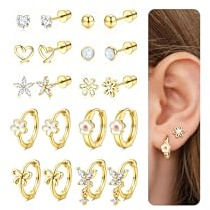 Morfetto Boucles d'Oreilles en Acier Chirurgical Hypoallergénique pour Femmes et Filles 10 Paires de Créoles et Clous d'Oreille à Fermoir Vis avec Motifs Papillon Fleur et Coeur en Or et Argent