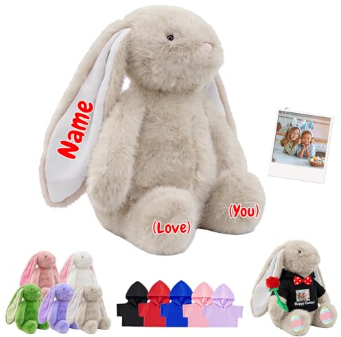 JABECODIFA Personalisierter Plüschhase Mit Foto Und Text, Maßgeschneidertes Hasen Stofftier Als Erste Ostergeschenke Für Babys Kinder Und Erwachsene Zu Ostern Weihnachten, 25cm