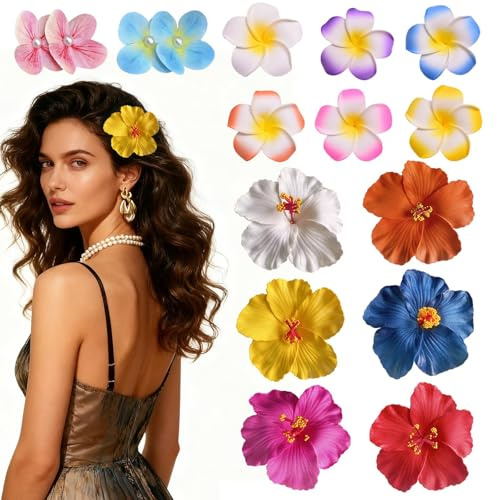 14 Haarclips mit hawaiianischen Blumen, 9,5 cm große Hibiskus-Haarclips, geeignet als Haarschmuck für Damen aus Kunstblumen, ideal für Urlaubsfeiern, am Strand und an Sandstränden
