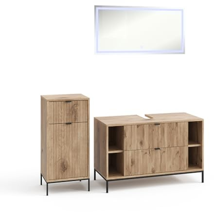 Vicco Badmöbel-Set Eliza, Viking Oak, 100 cm, besteht aus Waschbeckenunterschrank, Spiegelschrank und Midischrank
