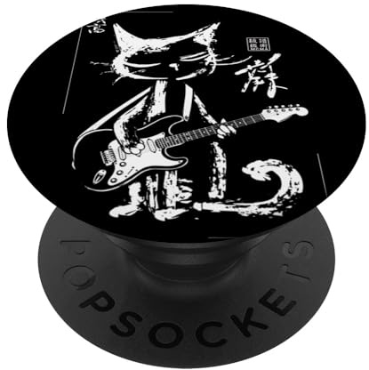 Vintage Kalligraphische gerahmte Gitarre Katze japanische Musiker Kunst PopSockets Klebender PopGrip