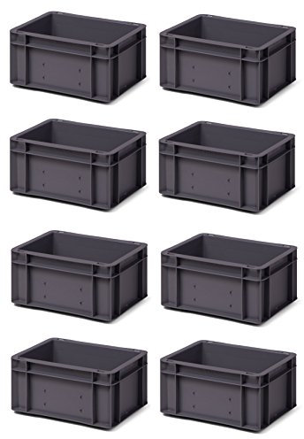 8 Stk. Transport-Stapelkasten TK314-0, grau, 300x200x145 mm (LxBxH), aus PP, Volumen: 5.5 Liter, Traglast: 25 kg, lebensmittelecht, made in Germany, Industriequalität