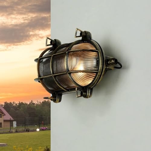 Licht-Erlebnisse Außenwandleuchte Messing SKIATHOS mit Glas Schirm oval IP64 wetterfest Maritime Schiffsleuchte Haustür
