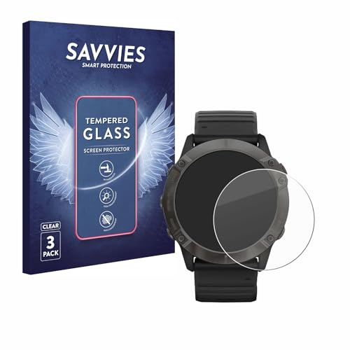 Savvies Glass Srceen Protector compatible with Garmin Fenix 6X Pro | 3 Pack Clear Screen Protection Made in Germany Tempered Glass 9H Protection Film Anti-Scratch Bubble-Free