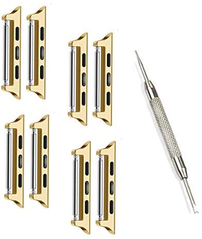 Watch Strap Connector, Replacement Metal Spring Bar Stainless Steel Adapter with Tool Compatible for Apple Watch Band 38mm 40mm 41mm (Gold-4 Pair)
