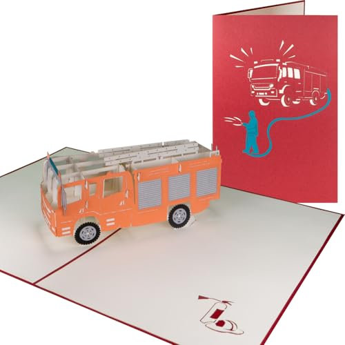 Sweetpopup® Feuerwehr 3D Pop Up Karte Glückwunschkarte Geburtstagskarte Grußkarte Geschenkkarte Gutscheinkarte Glückwunsch Feuerwehrmann | Klappkarte Feuerwehrauto, 201